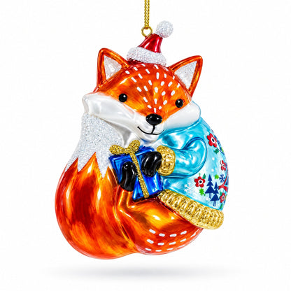 Fox with Gifts Glass Christmas Ornament