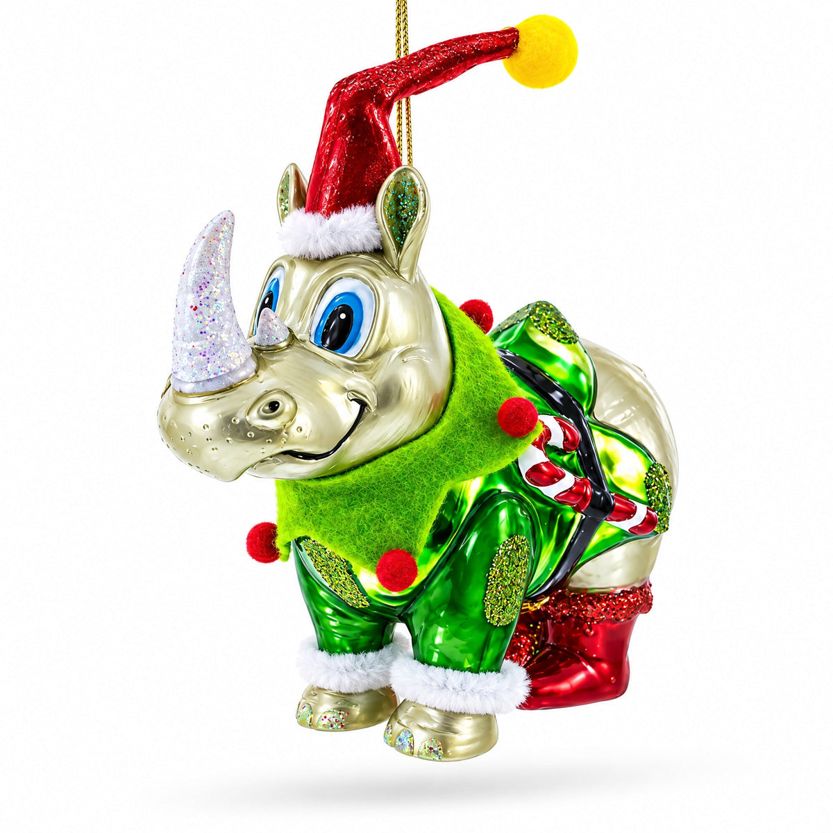 Rhino in Santa Hat Glass Christmas Ornament