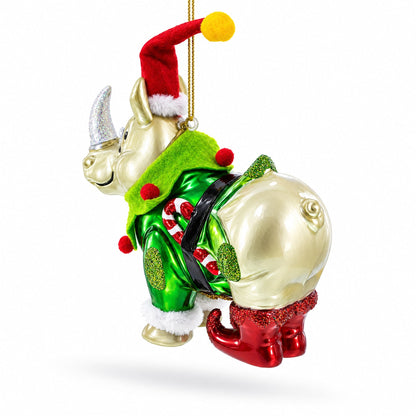 Rhino in Santa Hat Glass Christmas Ornament