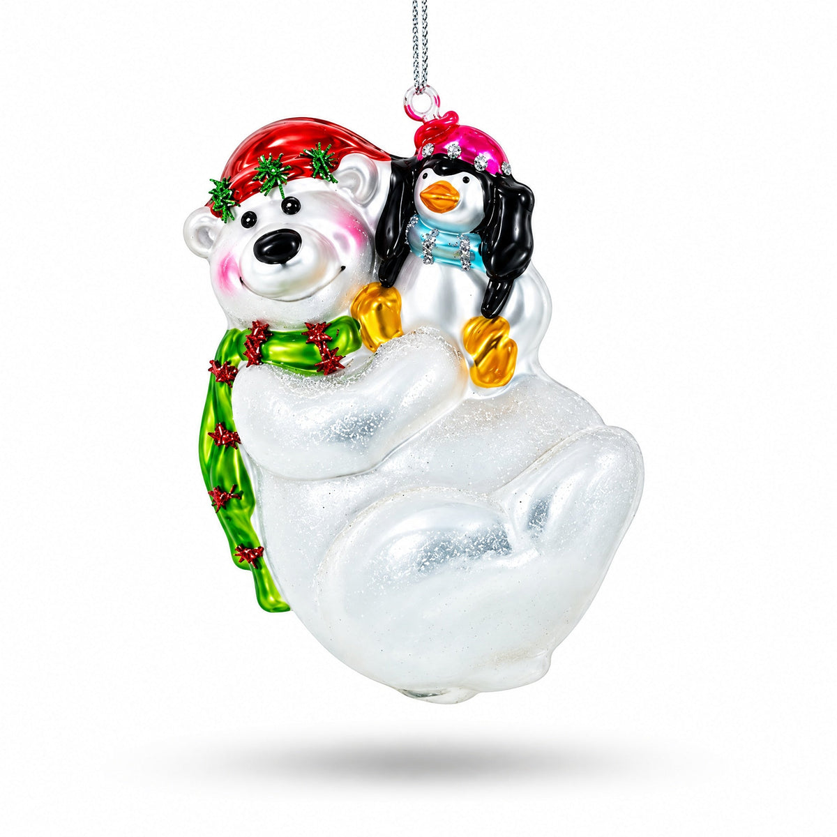 Polar Bear with Penguin Glass Christmas Ornament