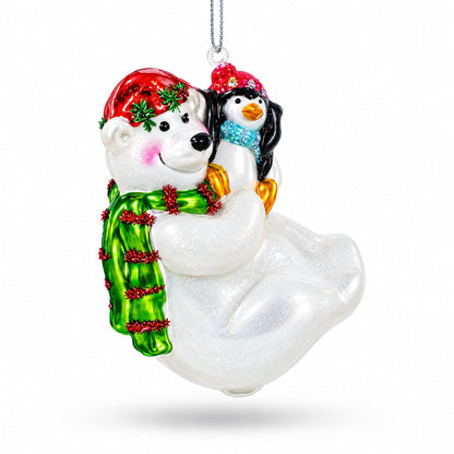 Polar Bear with Penguin Glass Christmas Ornament