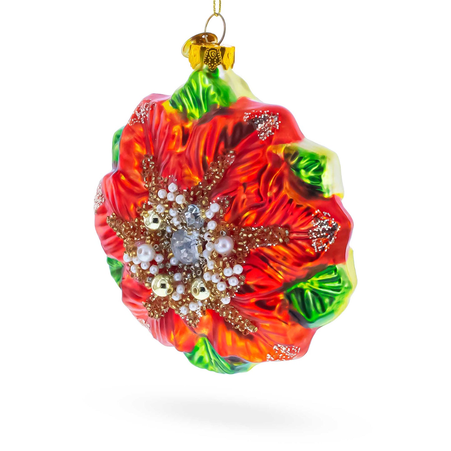 Poinsettia with Mother of Pearls Glass Christmas Ornament