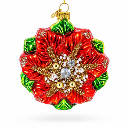 Poinsettia with Mother of Pearls Glass Christmas Ornament