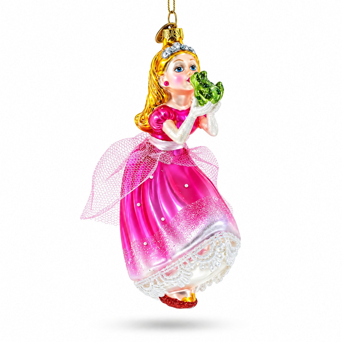 Princess Kissing Frog Prince Glass Christmas Ornament