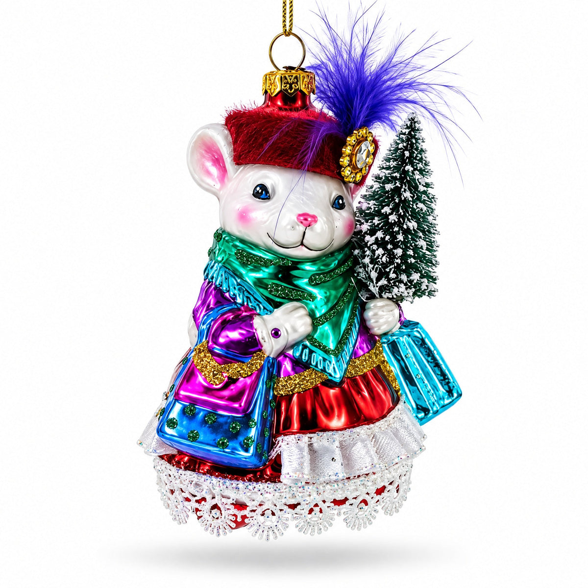 Mouse with Tree and Gifts Glass Christmas Ornament