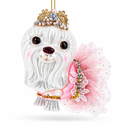 Bolonka Dog with Crown Glass Christmas Ornament