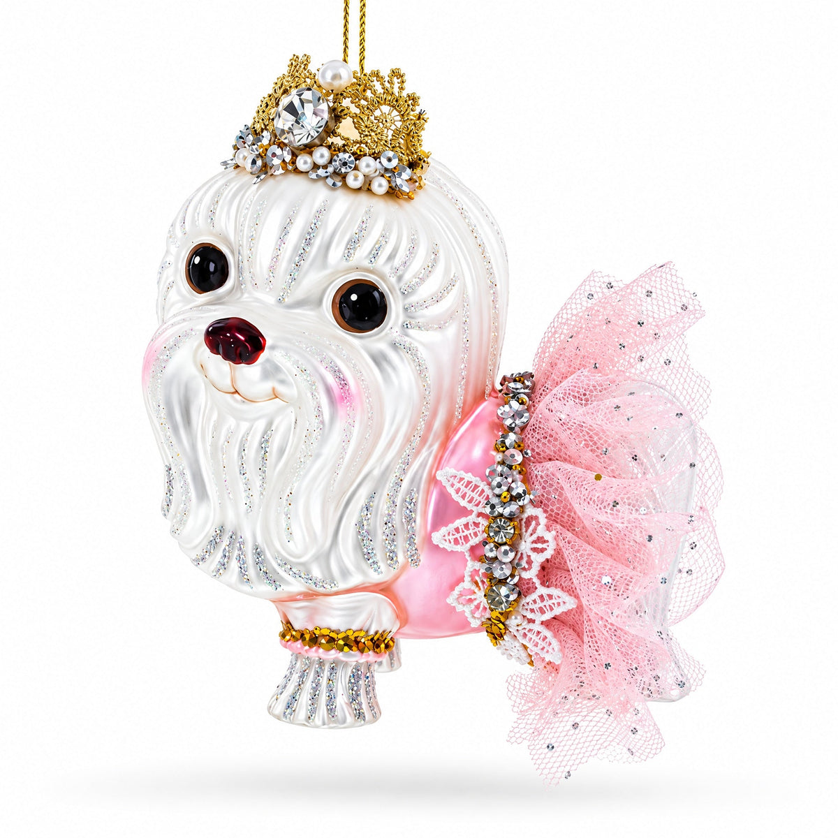 Bolonka Dog with Crown Glass Christmas Ornament