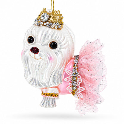 Bolonka Dog with Crown Glass Christmas Ornament