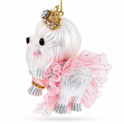 Bolonka Dog with Crown Glass Christmas Ornament