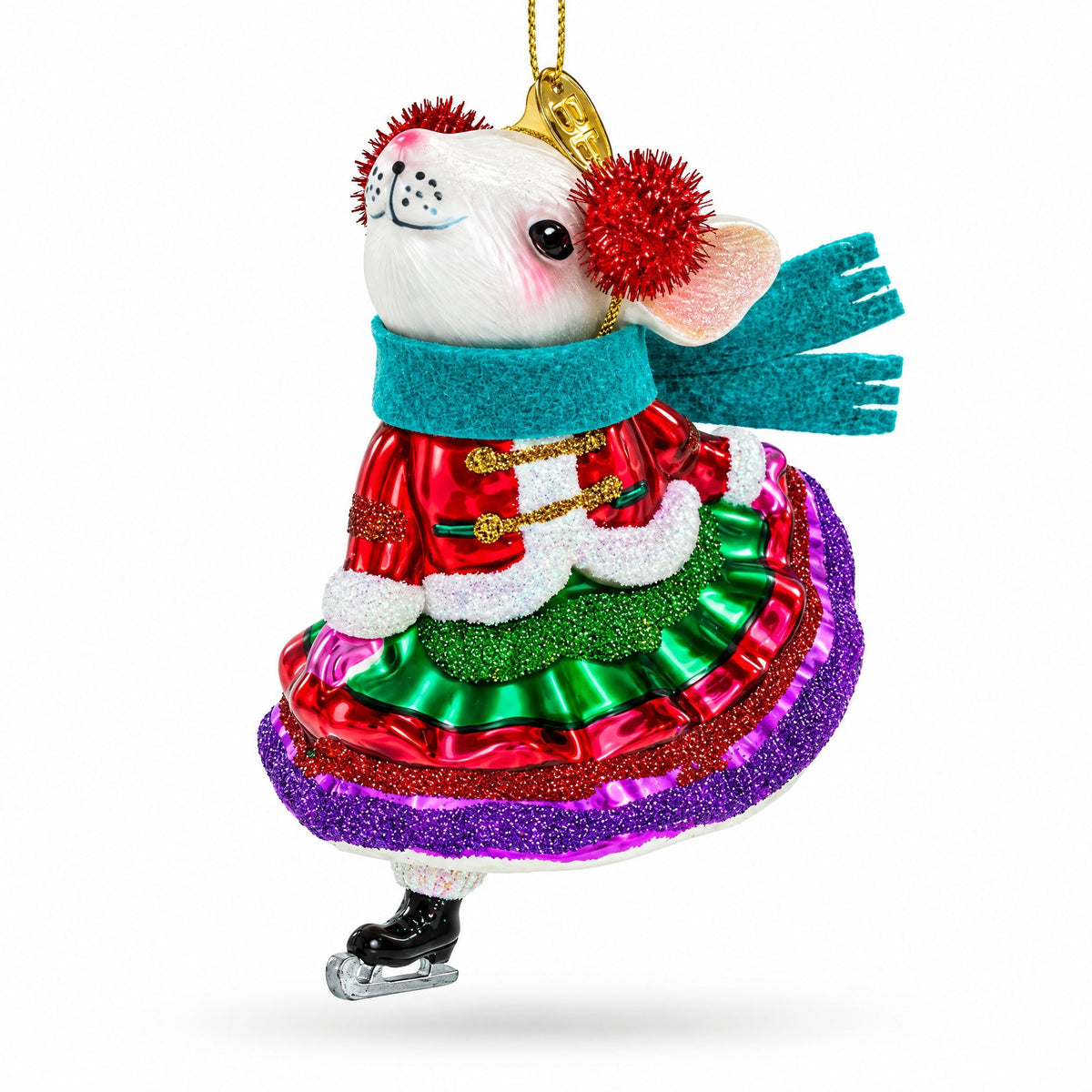 Mouse on Ice Skates Glass Christmas Ornament