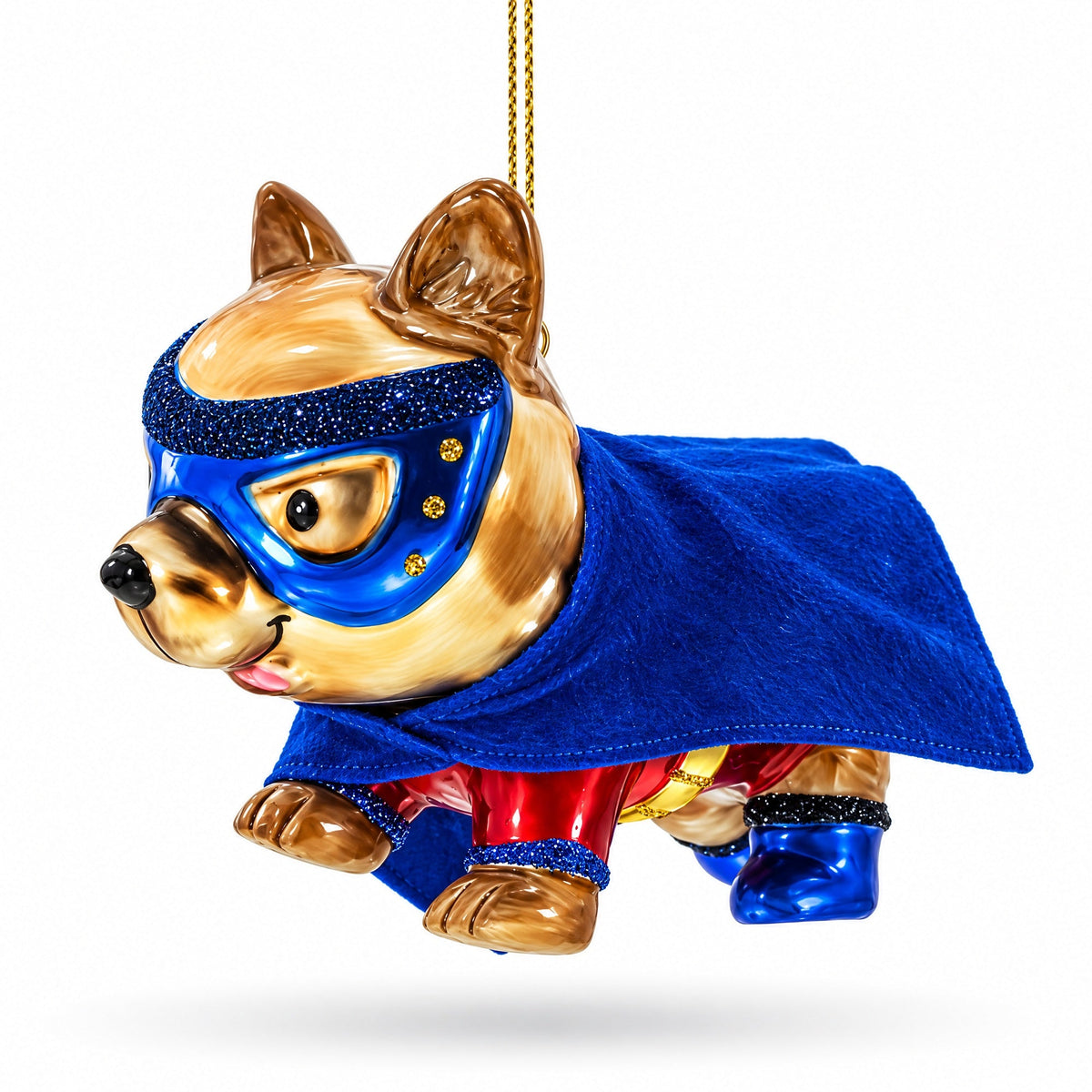 Super Pup in Blue Cape Glass Christmas Ornament