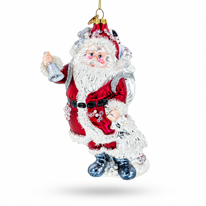 Classic Santa Claus Holding Bell Glass Christmas Ornament