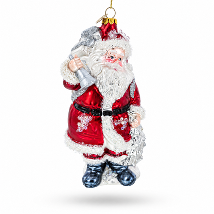 Classic Santa Claus Holding Bell Glass Christmas Ornament