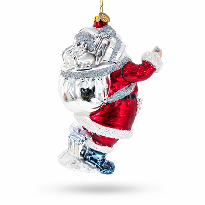 Classic Santa Claus Holding Bell Glass Christmas Ornament