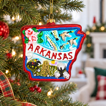 State of Arkansas Symbols, USA Glass Christmas Ornament