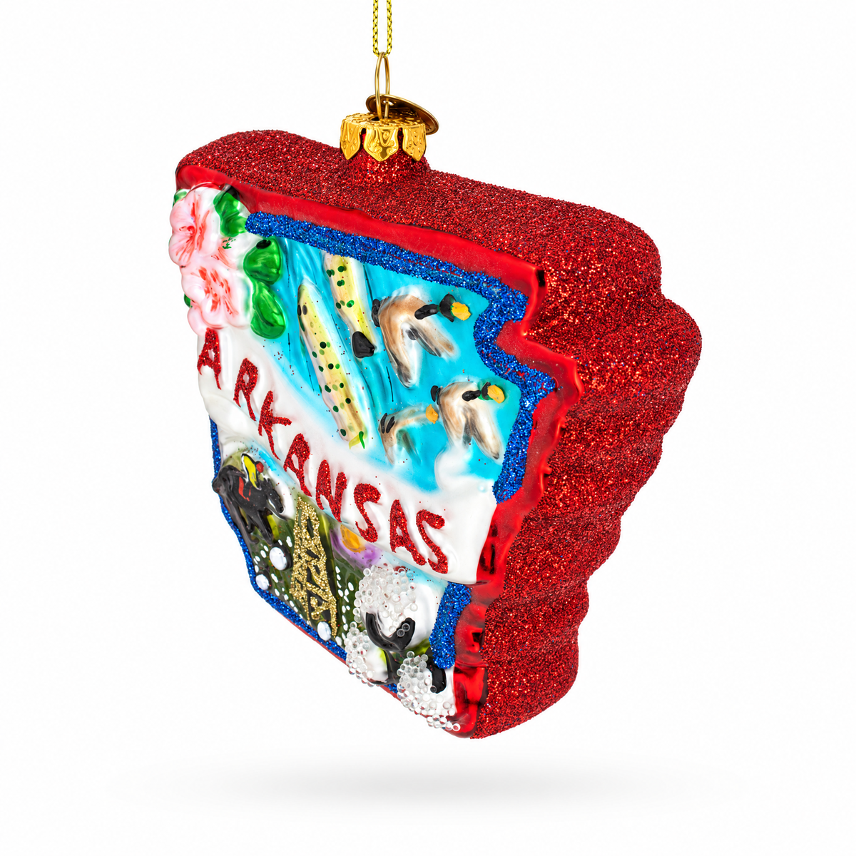 State of Arkansas Symbols, USA Glass Christmas Ornament