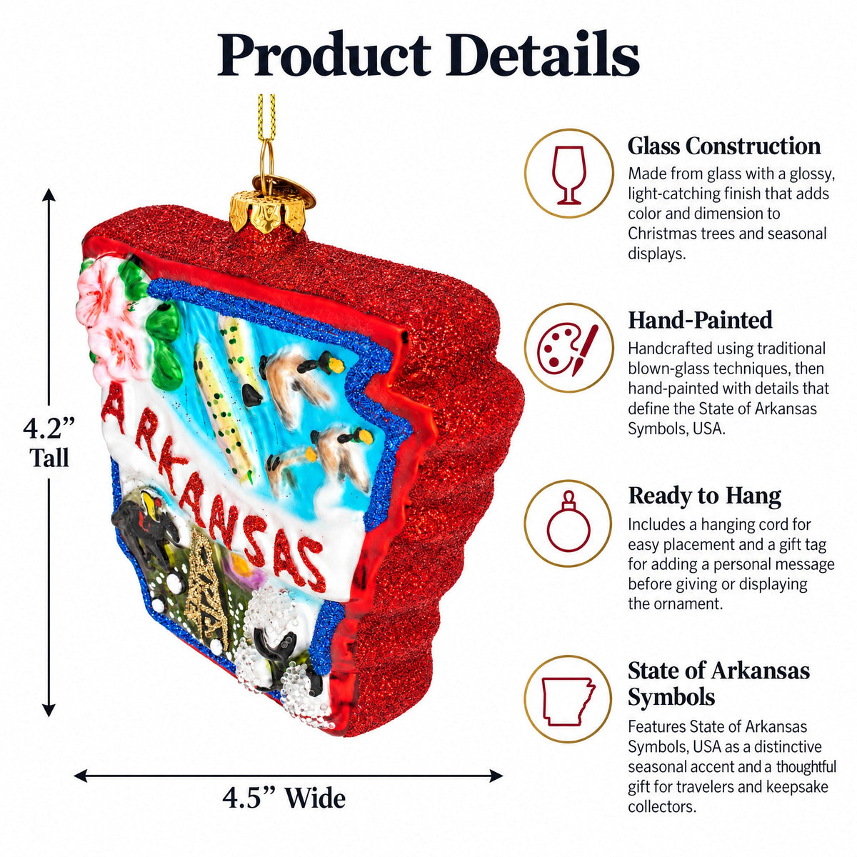 State of Arkansas Symbols, USA Glass Christmas Ornament