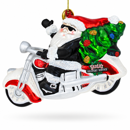 Santa’s Delivery Service Motorcycle Glass Ornament
