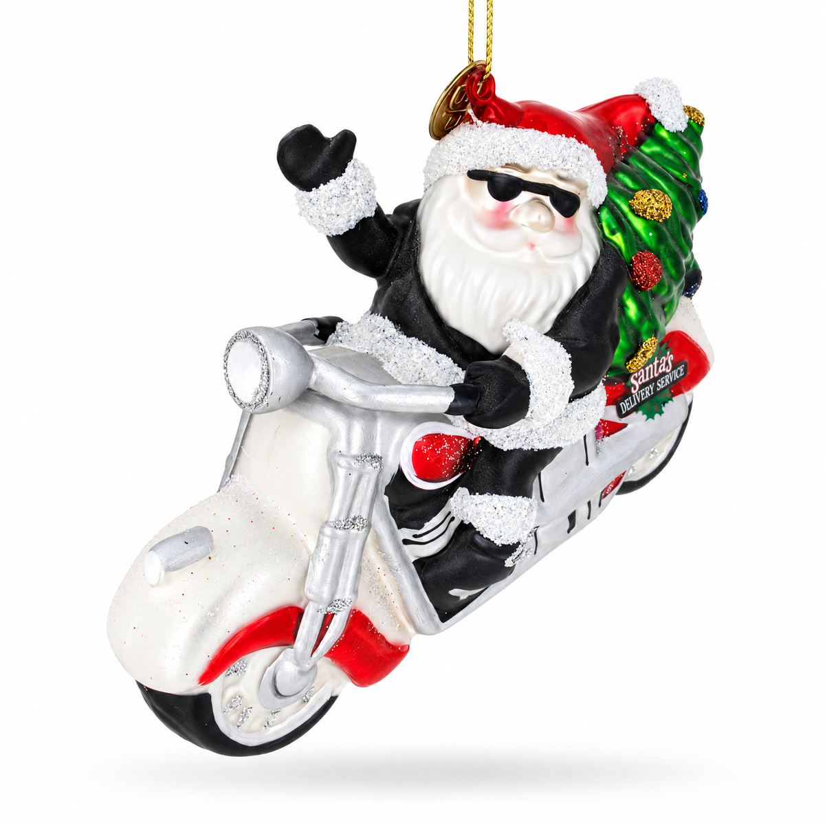 Santa’s Delivery Service Motorcycle Glass Ornament