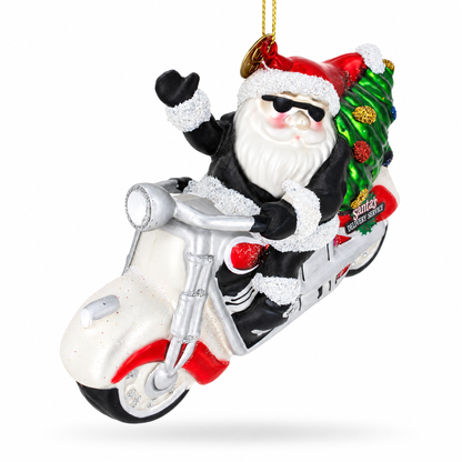 Santa’s Delivery Service Motorcycle Glass Ornament