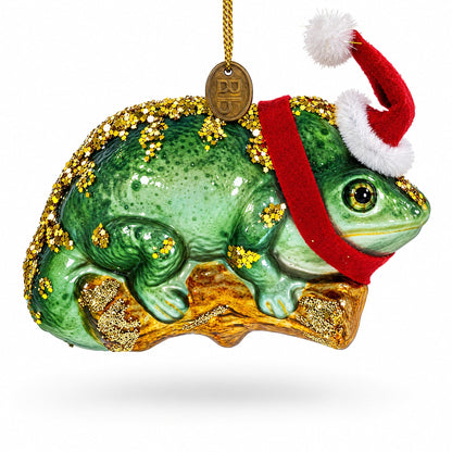 Chameleon in Santa Hat Glass Christmas Ornament