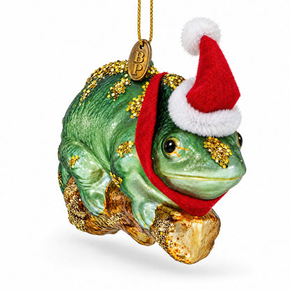 Chameleon in Santa Hat Glass Christmas Ornament