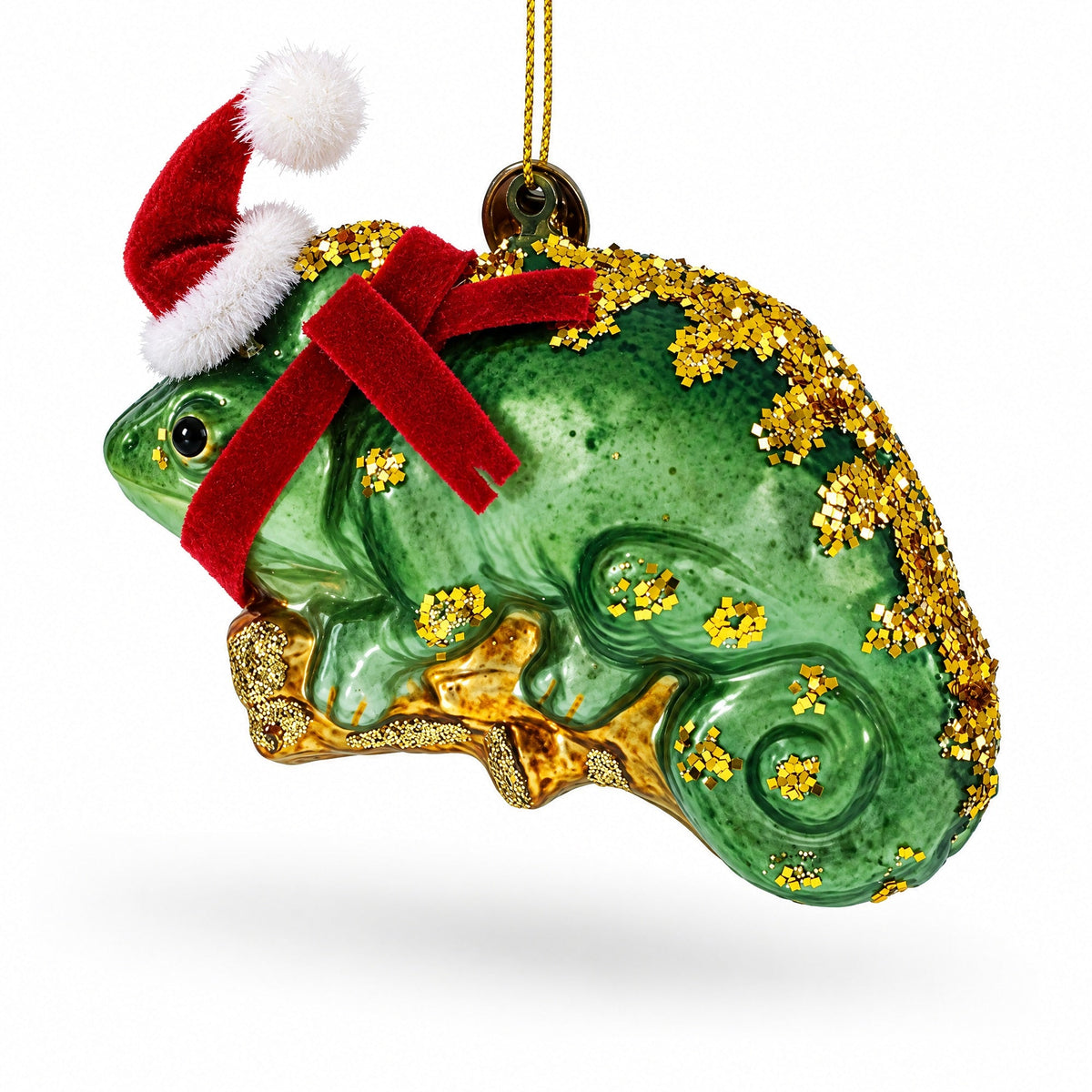 Chameleon in Santa Hat Glass Christmas Ornament