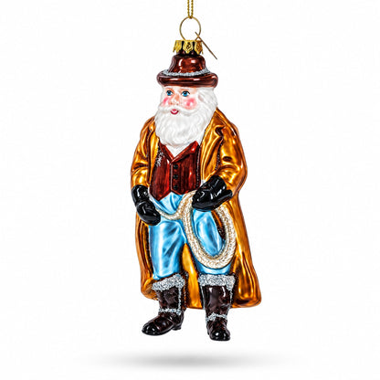 Cowboy Santa Skillfully Twirling a Lasso Glass Christmas Ornament