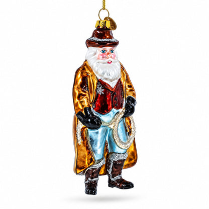 Cowboy Santa Skillfully Twirling a Lasso Glass Christmas Ornament