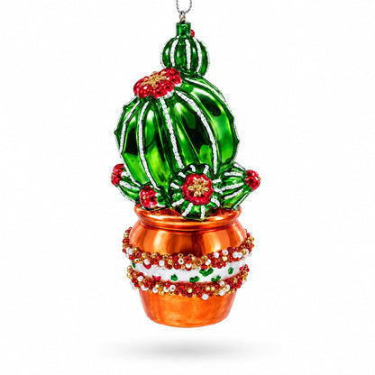 Decorated Cactus in a Pot Glass Christmas Ornament