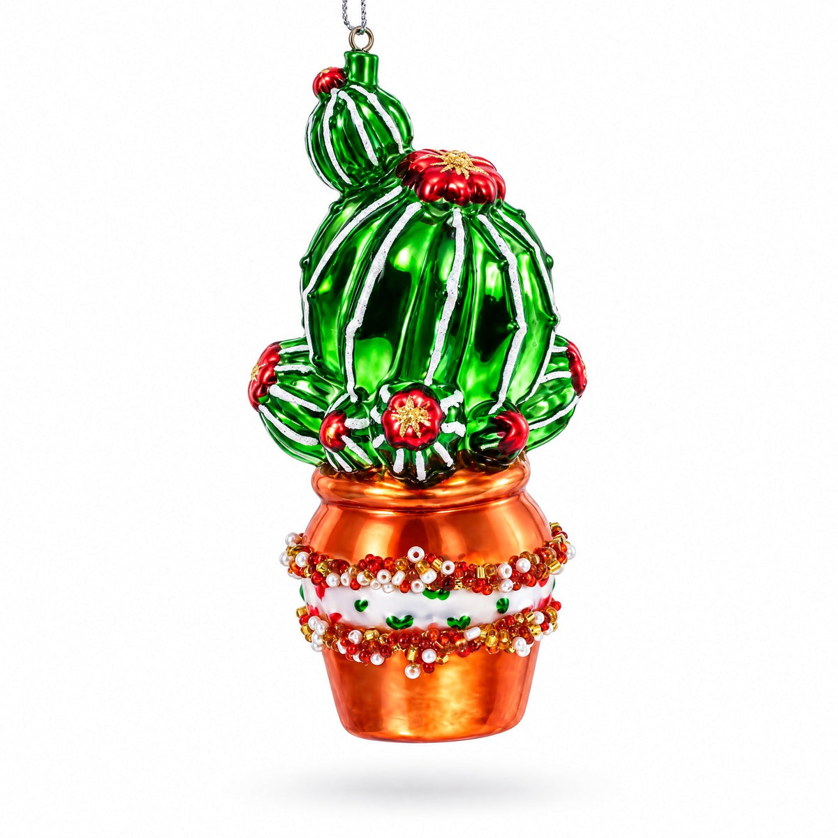 Decorated Cactus in a Pot Glass Christmas Ornament