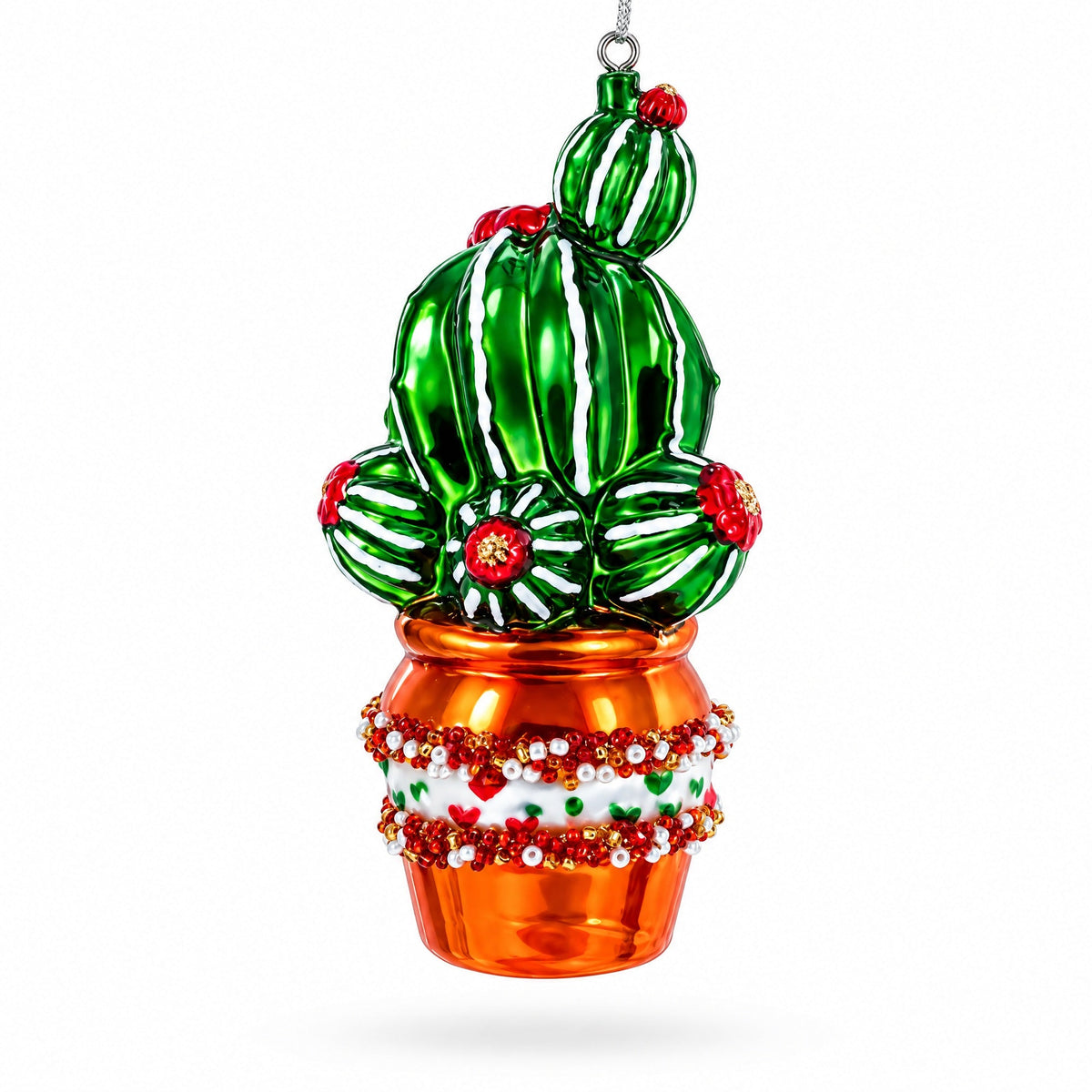 Decorated Cactus in a Pot Glass Christmas Ornament