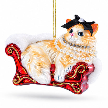 Cat in Pearl Necklace Lounging on Sofa Glass Christmas Ornament