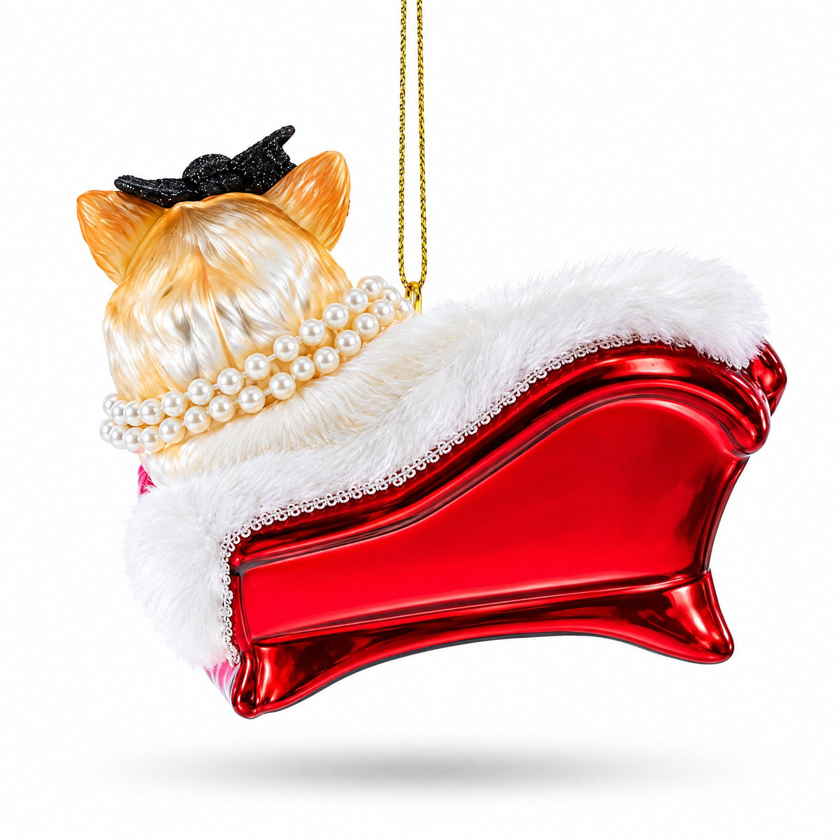 Cat in Pearl Necklace Lounging on Sofa Glass Christmas Ornament