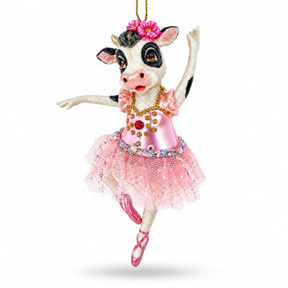 Ballerina Cow in Tutu Dancing Glass Christmas Ornament