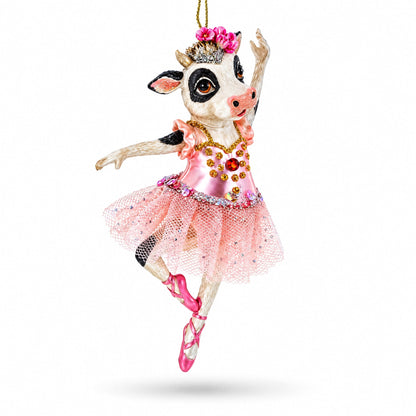 Ballerina Cow in Tutu Dancing Glass Christmas Ornament