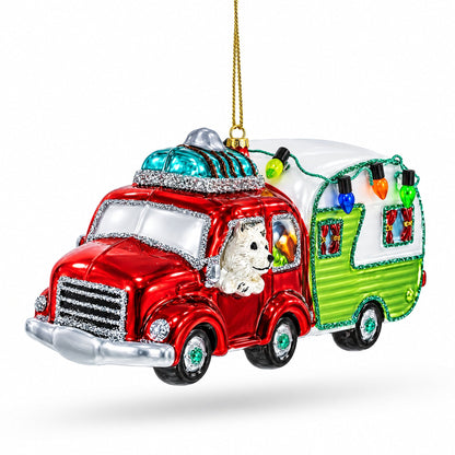 Bear Behind the Wheel of a Camper Glass Christmas Ornament