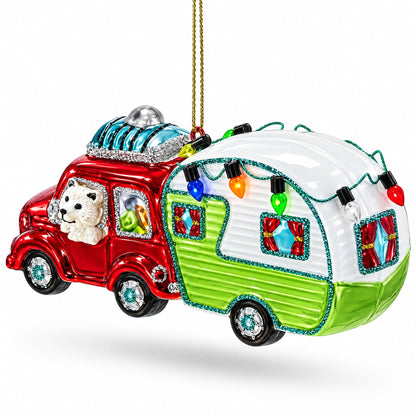 Bear Behind the Wheel of a Camper Glass Christmas Ornament