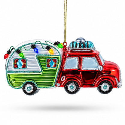 Bear Behind the Wheel of a Camper Glass Christmas Ornament