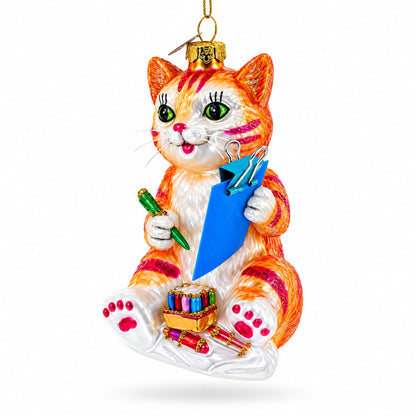 Cat Drawing a Self-Portrait Glass Christmas Ornament