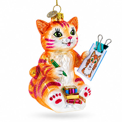 Cat Drawing a Self-Portrait Glass Christmas Ornament