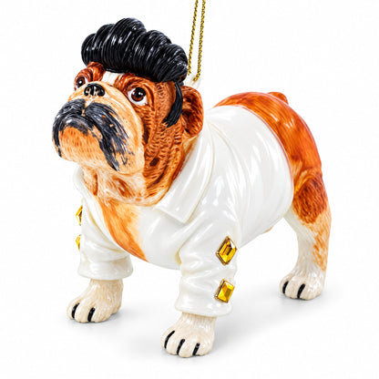 Elvis-Inspired Rock 'n' Roll Bulldog Glass Christmas Ornament