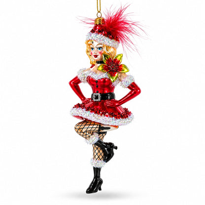 Woman in Santa Dress Dancing Glass Christmas Ornament