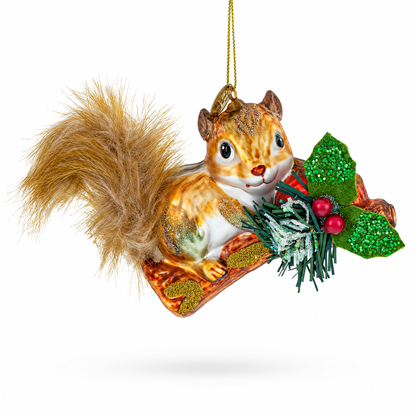 Squirrel on a Blossoming Branch Glass Christmas Ornament