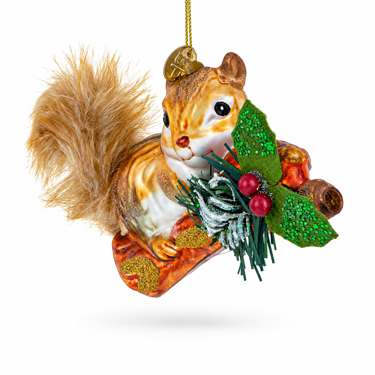 Squirrel on a Blossoming Branch Glass Christmas Ornament