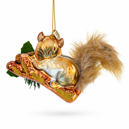 Squirrel on a Blossoming Branch Glass Christmas Ornament