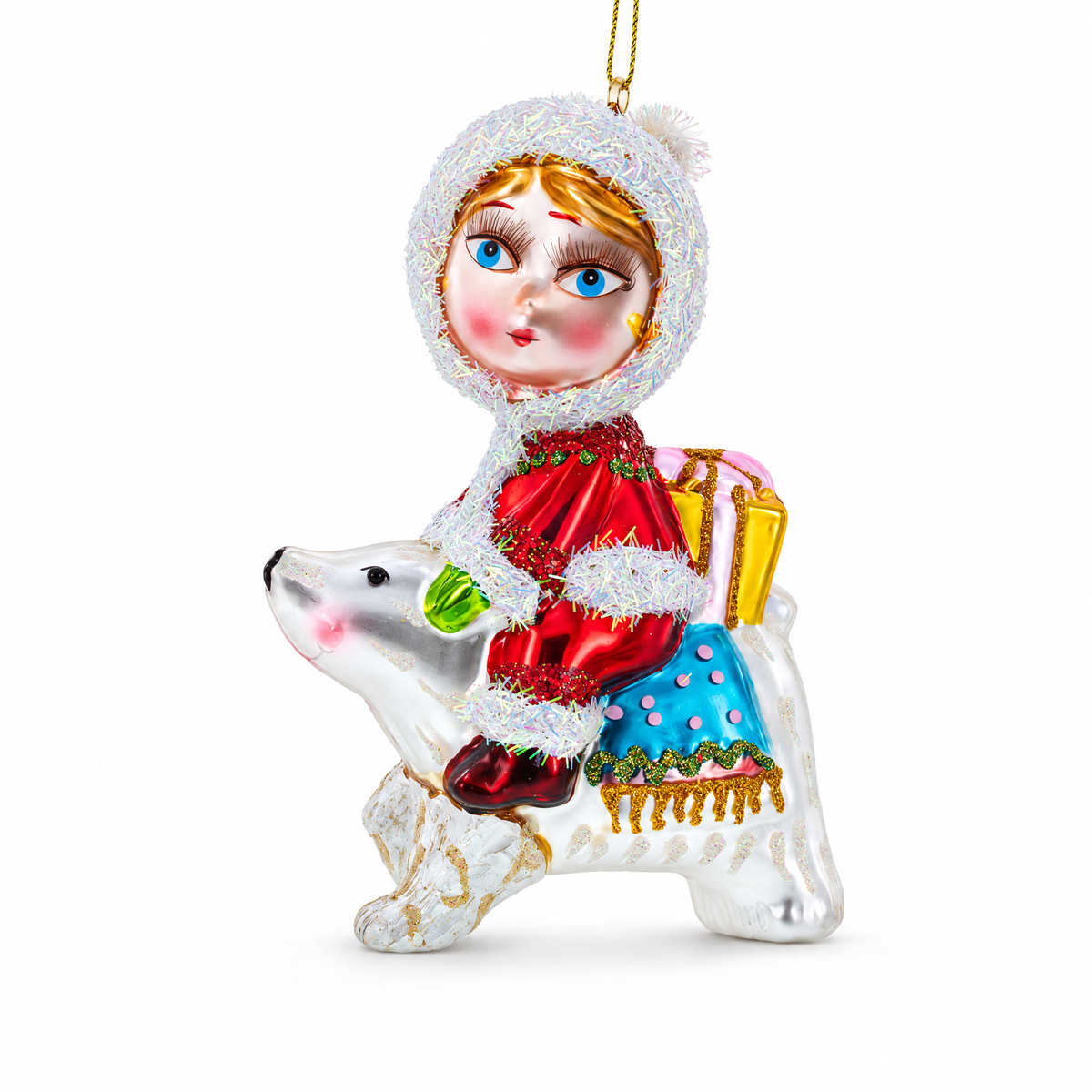 Girl Riding a Polar Bear Hand Glass Christmas Ornament
