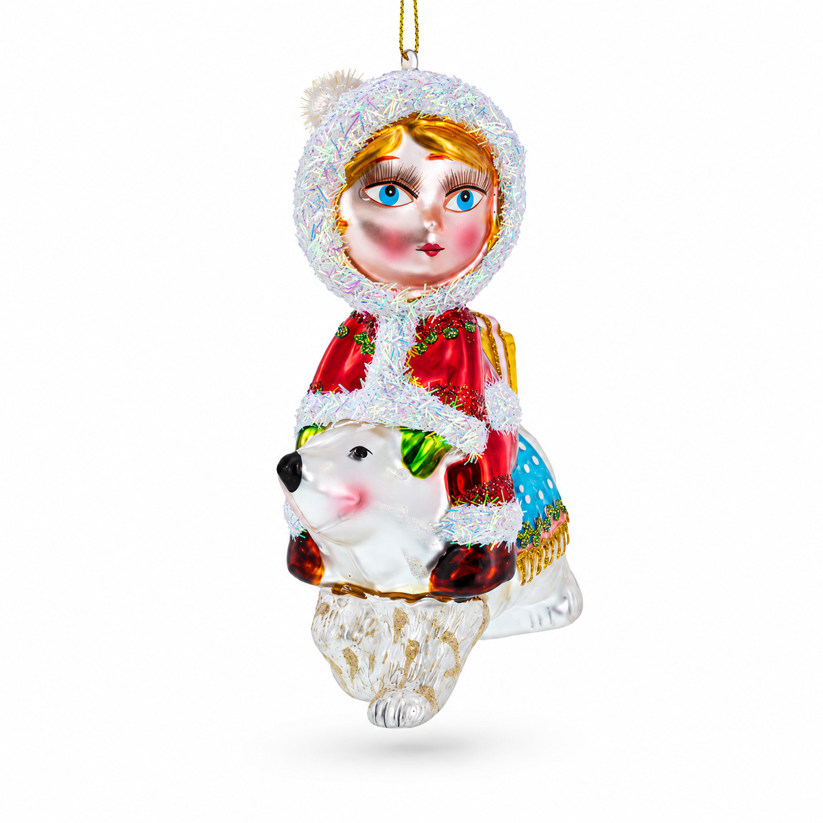 Girl Riding a Polar Bear Hand Glass Christmas Ornament