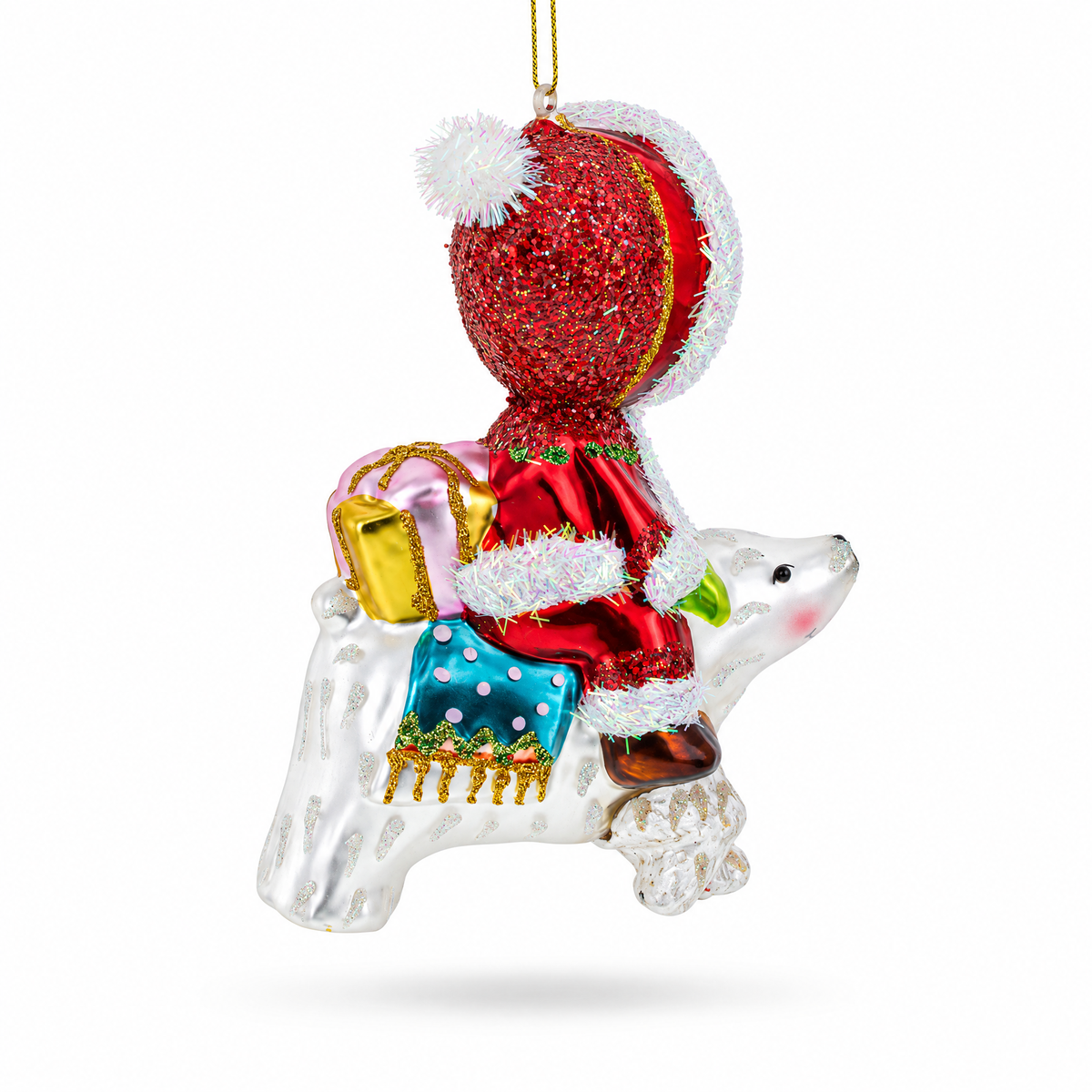 Girl Riding a Polar Bear Hand Glass Christmas Ornament