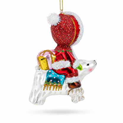 Girl Riding a Polar Bear Hand Glass Christmas Ornament